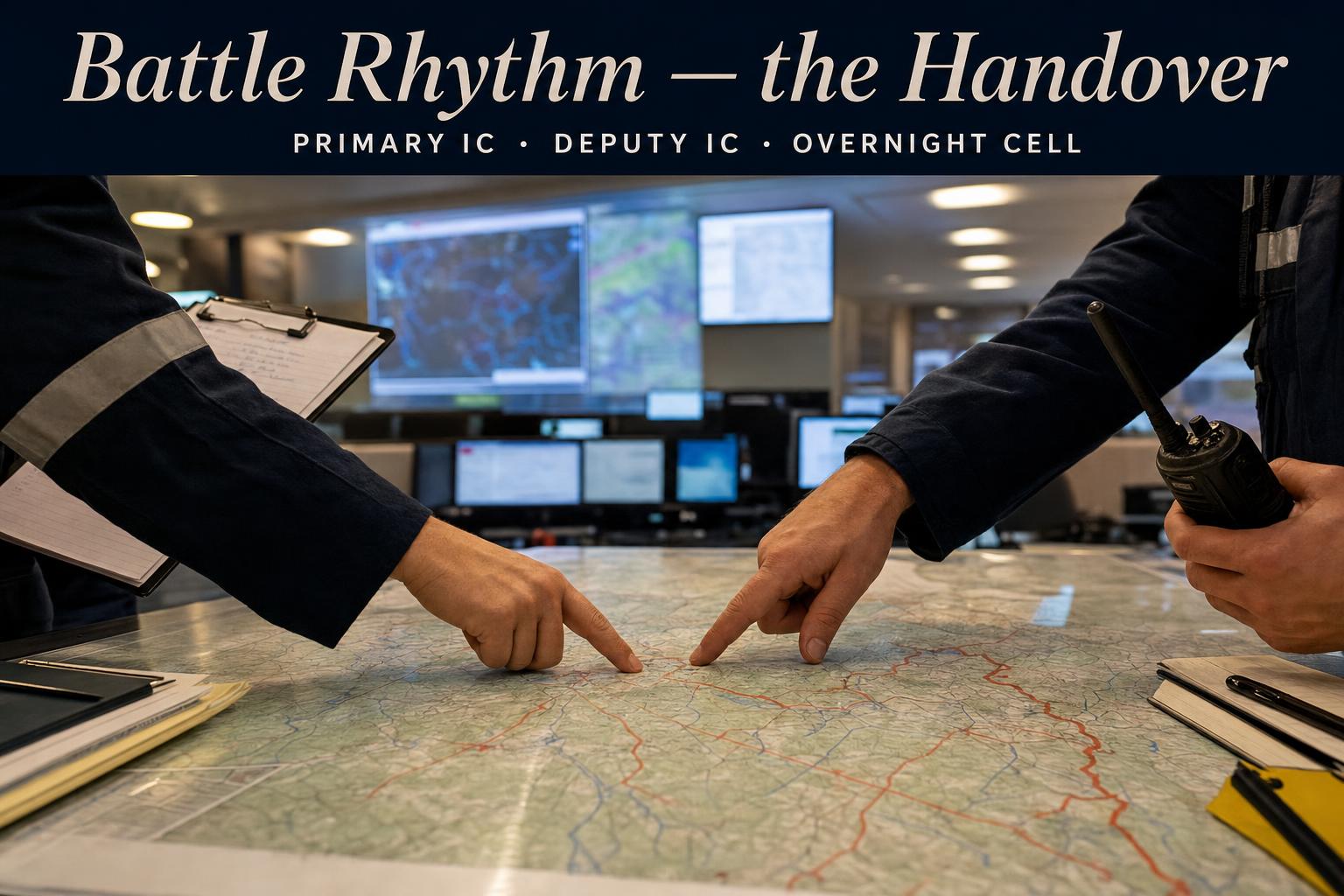 Battle rhythm — the architecture of command rotation. Handover is the management of judgement context, not of time; the response is at its most fragile when commanders change.