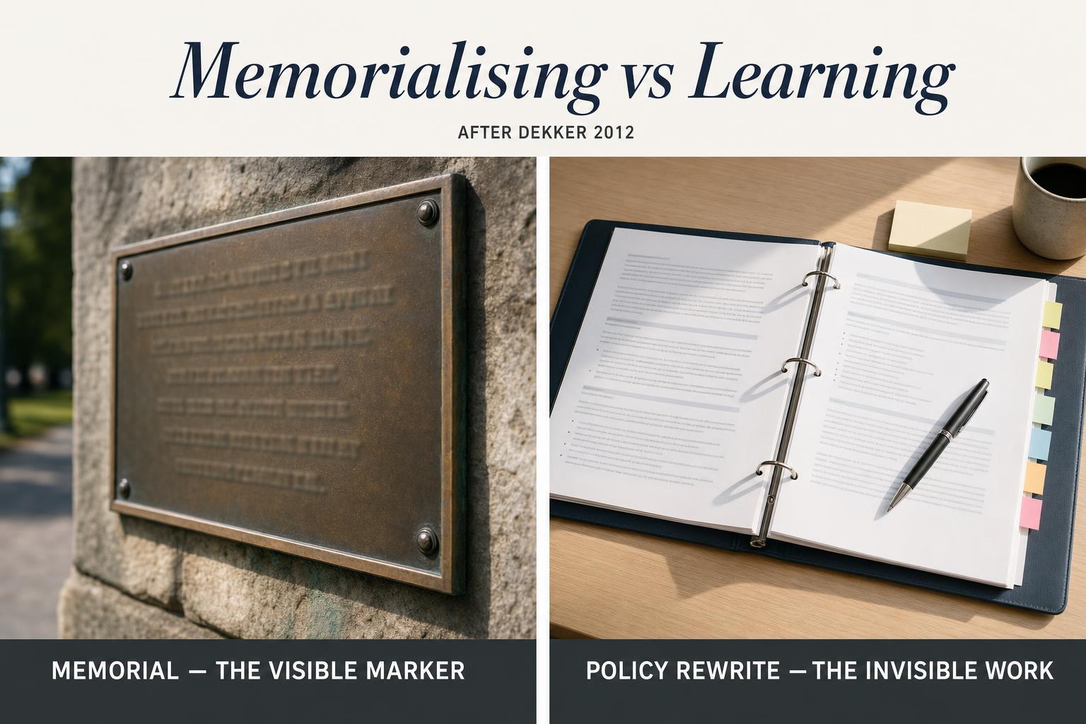 Memorialising versus learning. The visible markers of mourning are easy to assemble. The invisible architecture of changed behaviour is what tells you whether the organisation has actually learned.