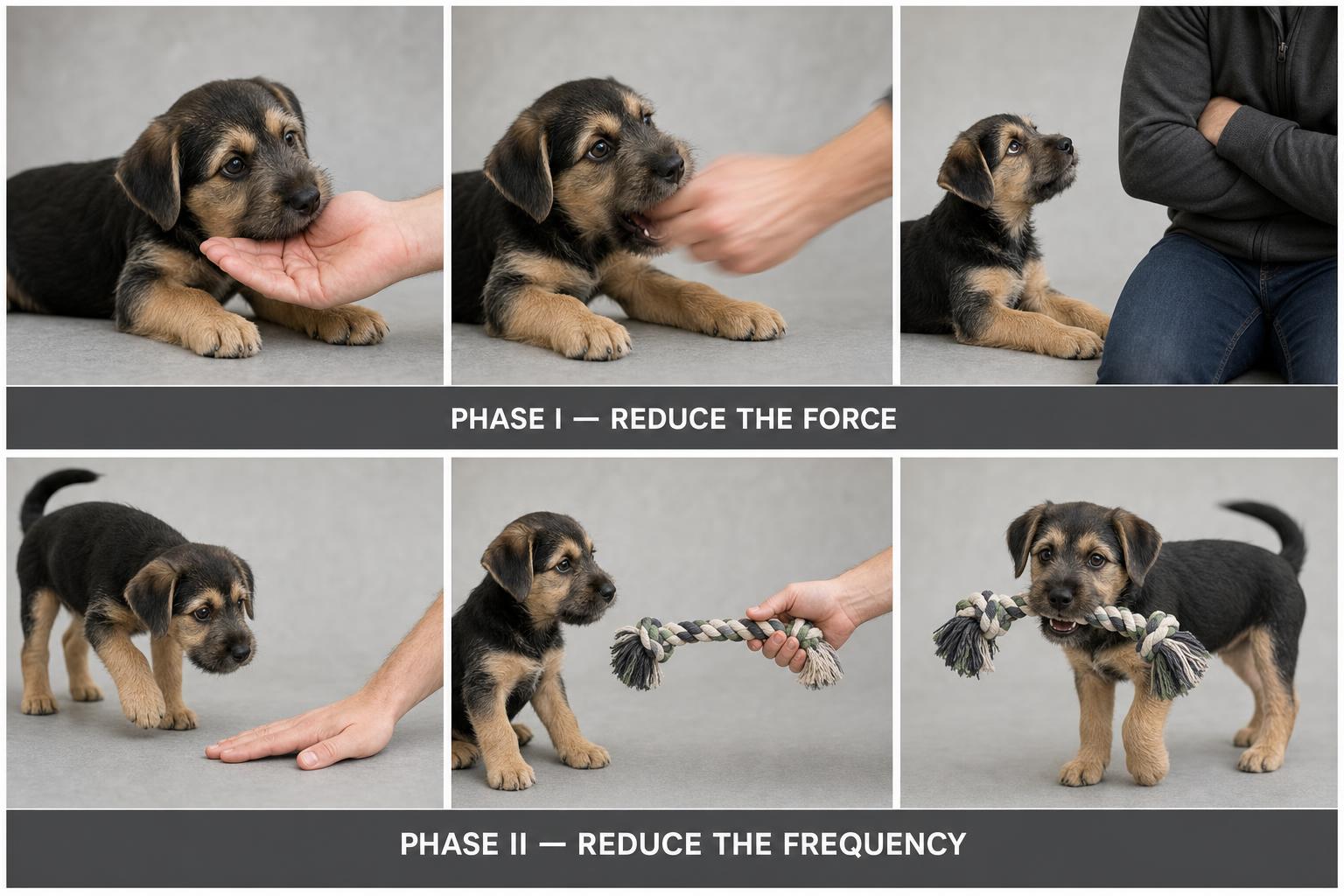 The two-phase ladder: first calibrate pressure, then reduce frequency. Skip Phase I and the puppy never learns the soft-mouth lesson that keeps them safe for life.
