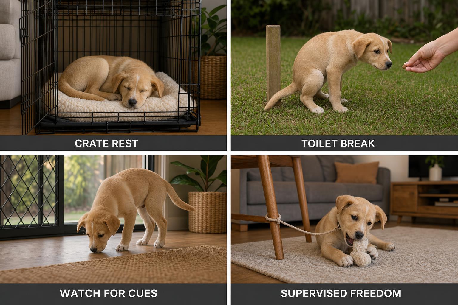 Confine. Toilet. Supervise. Watch for cues. The four-station cycle that does the actual work of house training while your puppy learns by succeeding rather than by failing.