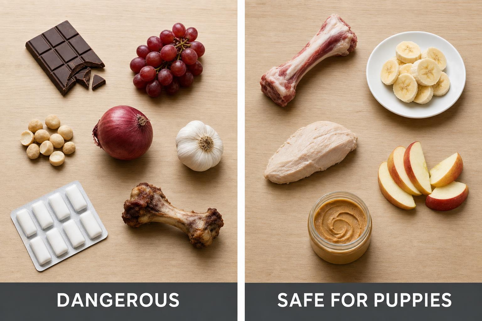Twelve items, two groups. The puppy-dangerous foods on the left, the puppy-safe foods on the right — and a few that earn the Poison Hotline a place in your phone contacts.