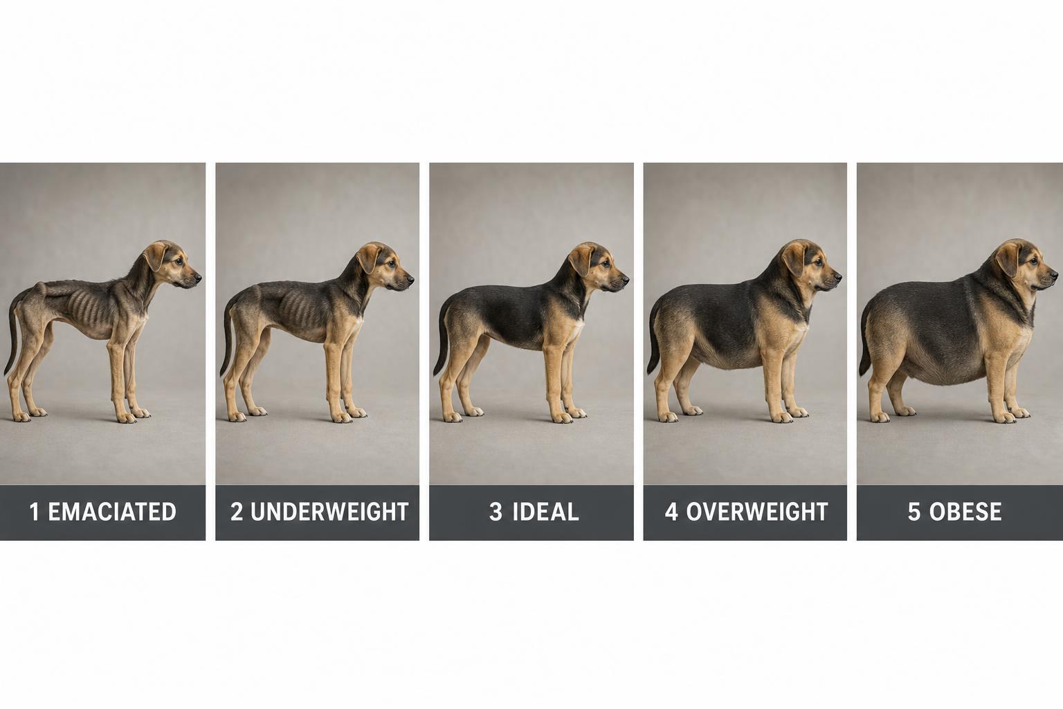 Five conditions, one species. The assessment is done with your hands first, your eyes second — coat hides a great deal in the middle three.