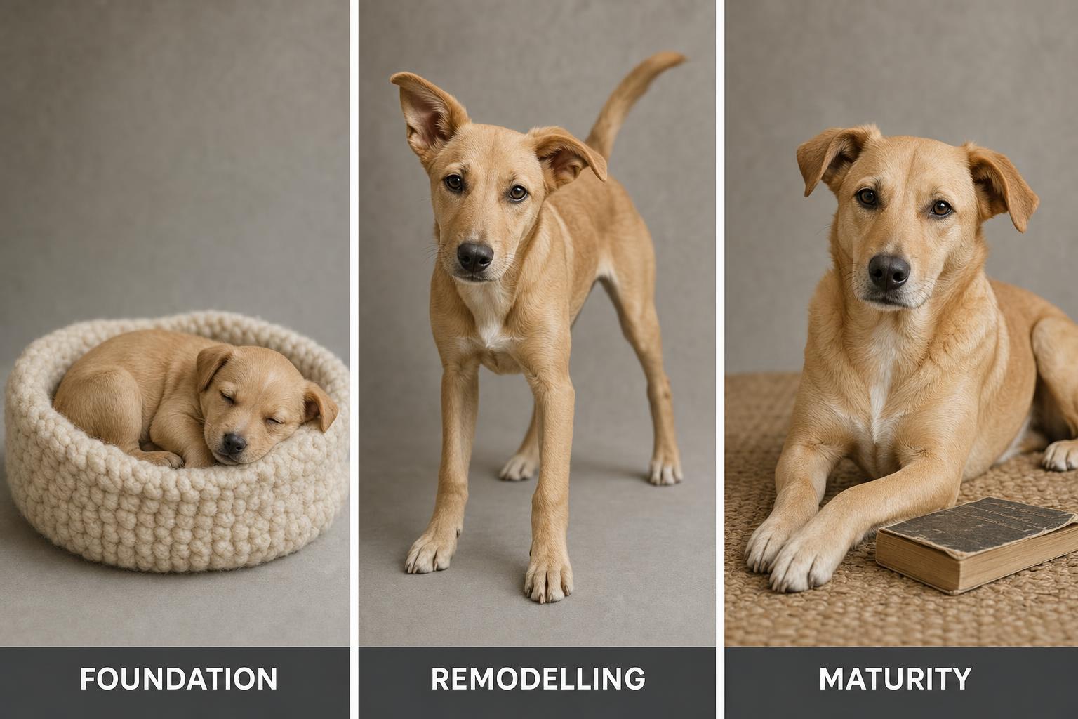 The dog your puppy is becoming is still under construction. Foundation, remodelling, maturity — and the same animal at every stage, hidden under scaffolding for a while.