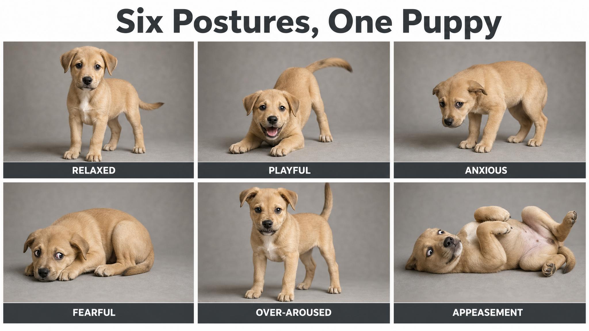 Six emotional postures, one puppy