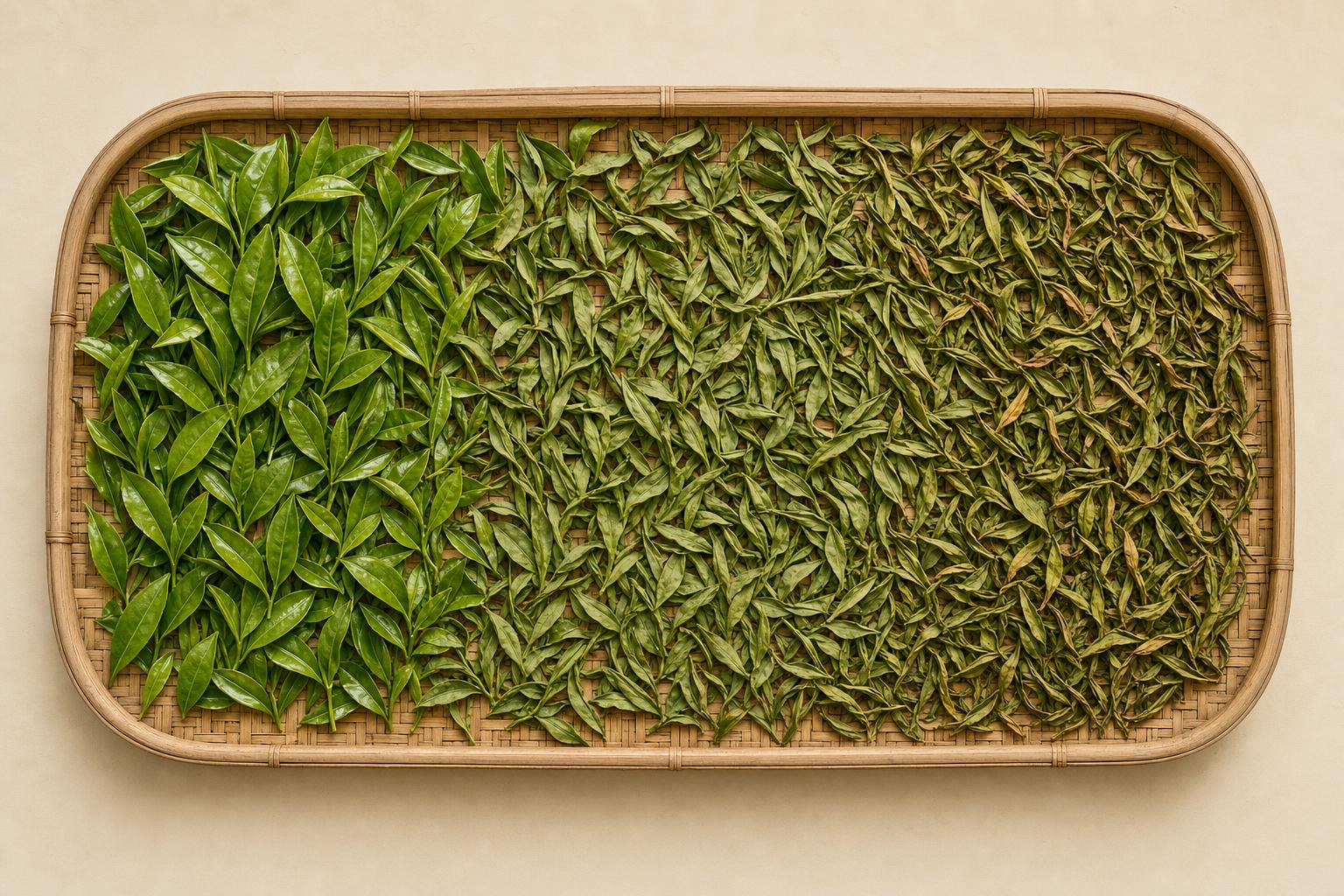 Withering on a bamboo tray. The leaf moves from turgid and snappy to soft and pliant over hours; aromatic precursors begin to develop, and the chemistry that the next step will unleash starts to stir.