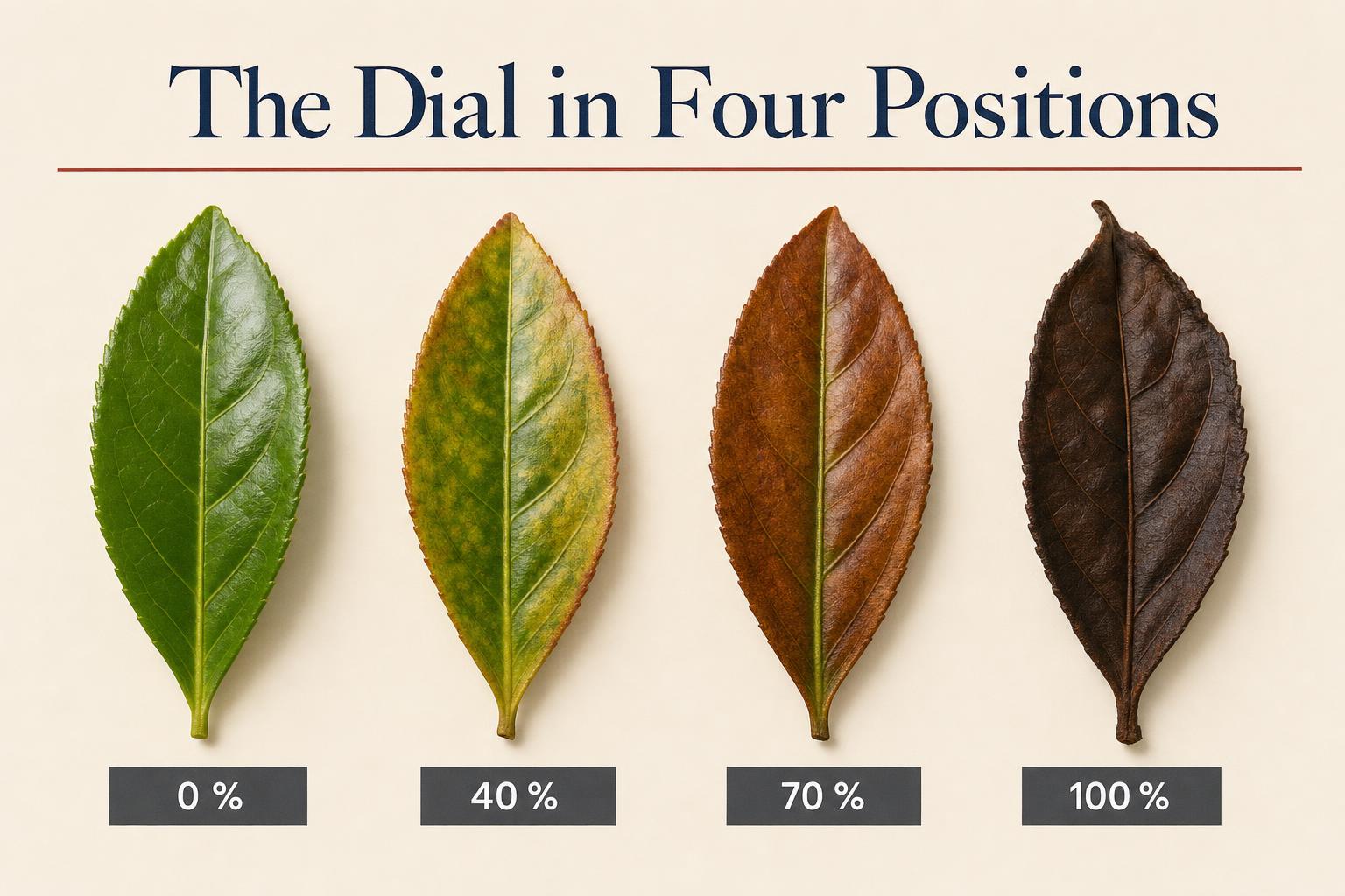 The same leaf at four points along the oxidation dial. Catechins (pale green) give way to theaflavins (gold) and then to thearubigins (deep red-brown) as PPO and POD do their work.