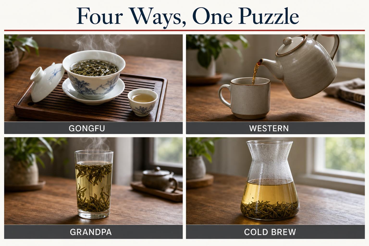 The four brewing logics. Each is a distinct strategy for managing the extraction equation — different ratios, temperatures, and times, all optimised for different leaf types.