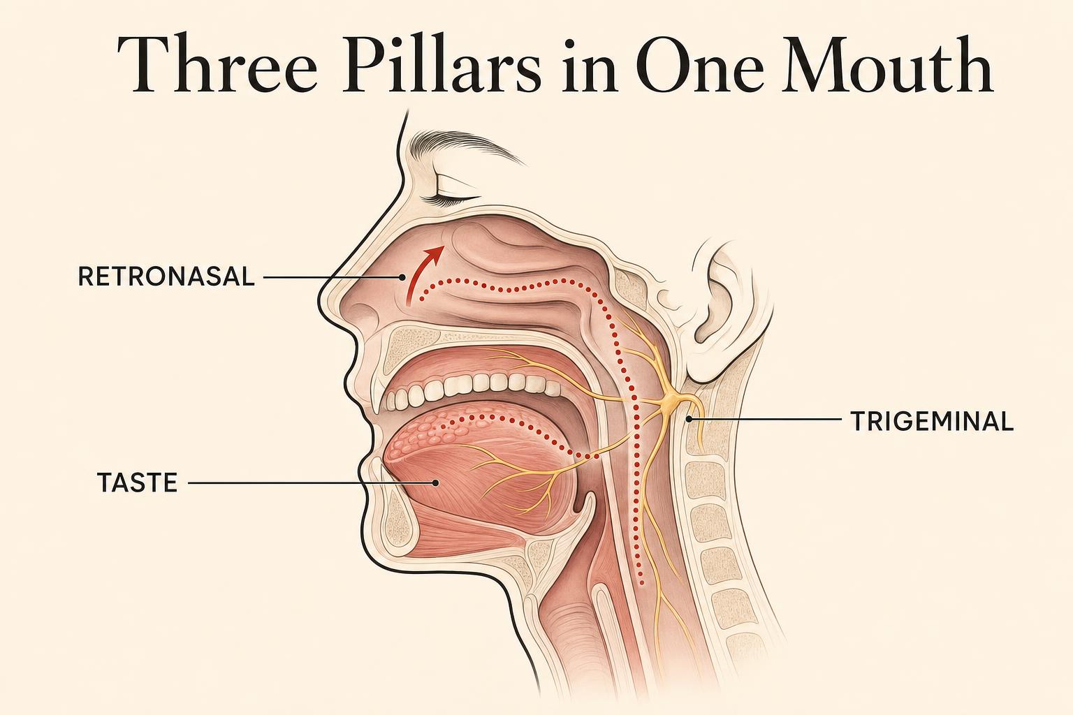 Three sensory systems combine into the unified percept we call flavor: gustation (the tongue), retronasal olfaction (aroma from inside the mouth), and the trigeminal nerve (astringency, body, mouthfeel).