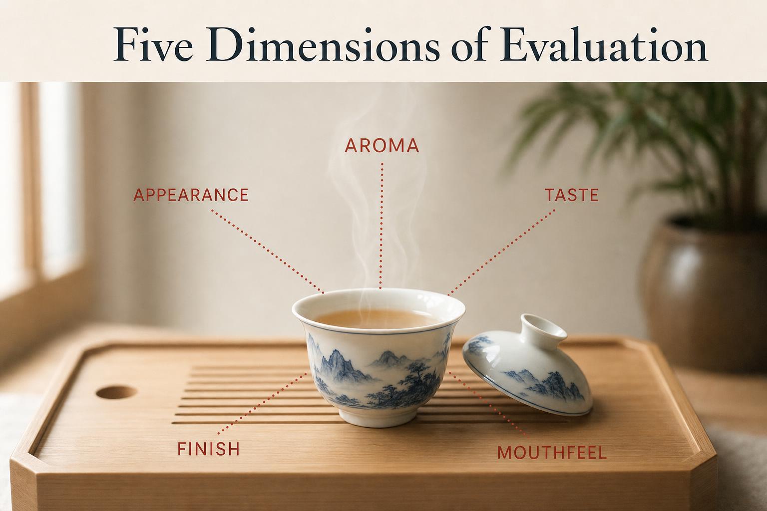 The five-dimension evaluation framework. Each pillar of flavor (taste, smell, trigeminal) appears in one or more of these steps; together they slow the tasting act down enough that there is something to communicate.