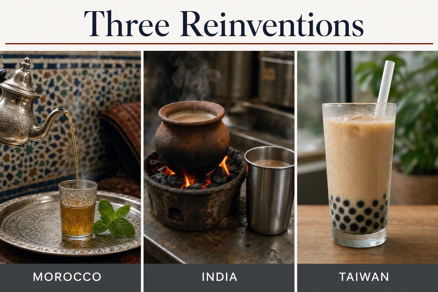 Three independent reinventions. Moroccan atay, Indian chai, and Taiwanese bubble tea each take the same leaf in completely different directions — each one shaped by local history, taste, and chemistry.
