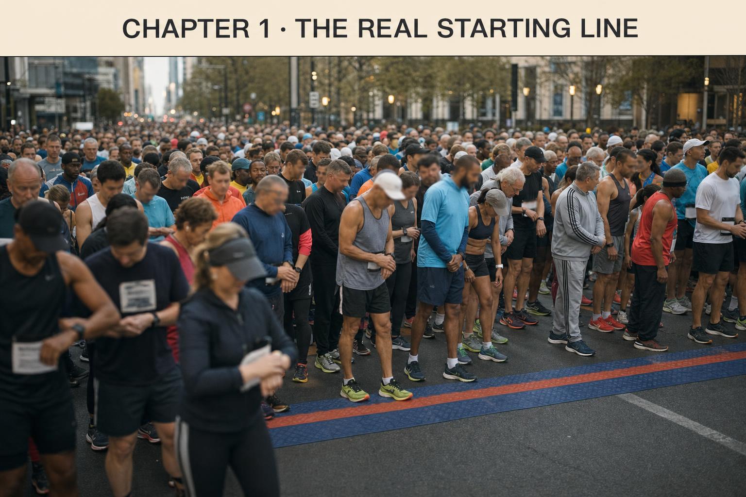 The actual starting line of a big-city marathon. Look at the bodies. Look at the ages. The "real runner" you've been comparing yourself to is mostly a marketing image — not the people who actually cross the finish line.