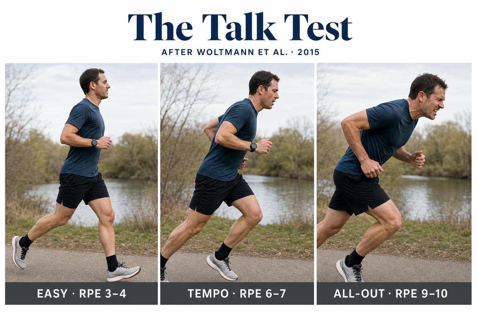 The talk test, in three friendly panels. If you can hold a full sentence, you're in the right zone for the eighty percent of your training that should feel almost suspiciously easy.