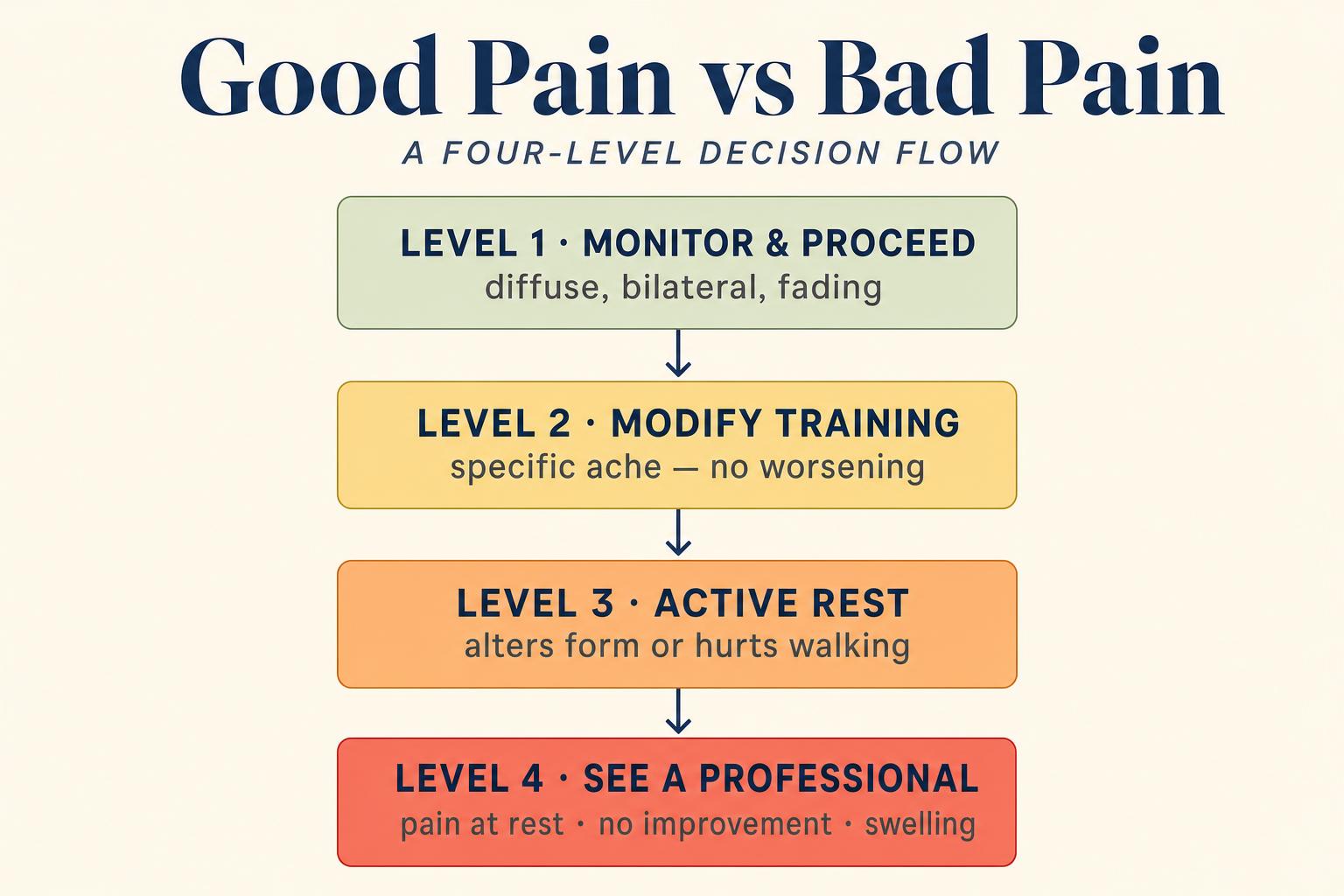A four-level decision flow for distinguishing normal training discomfort from real injury — clear thresholds and a verdict at the end of every path.