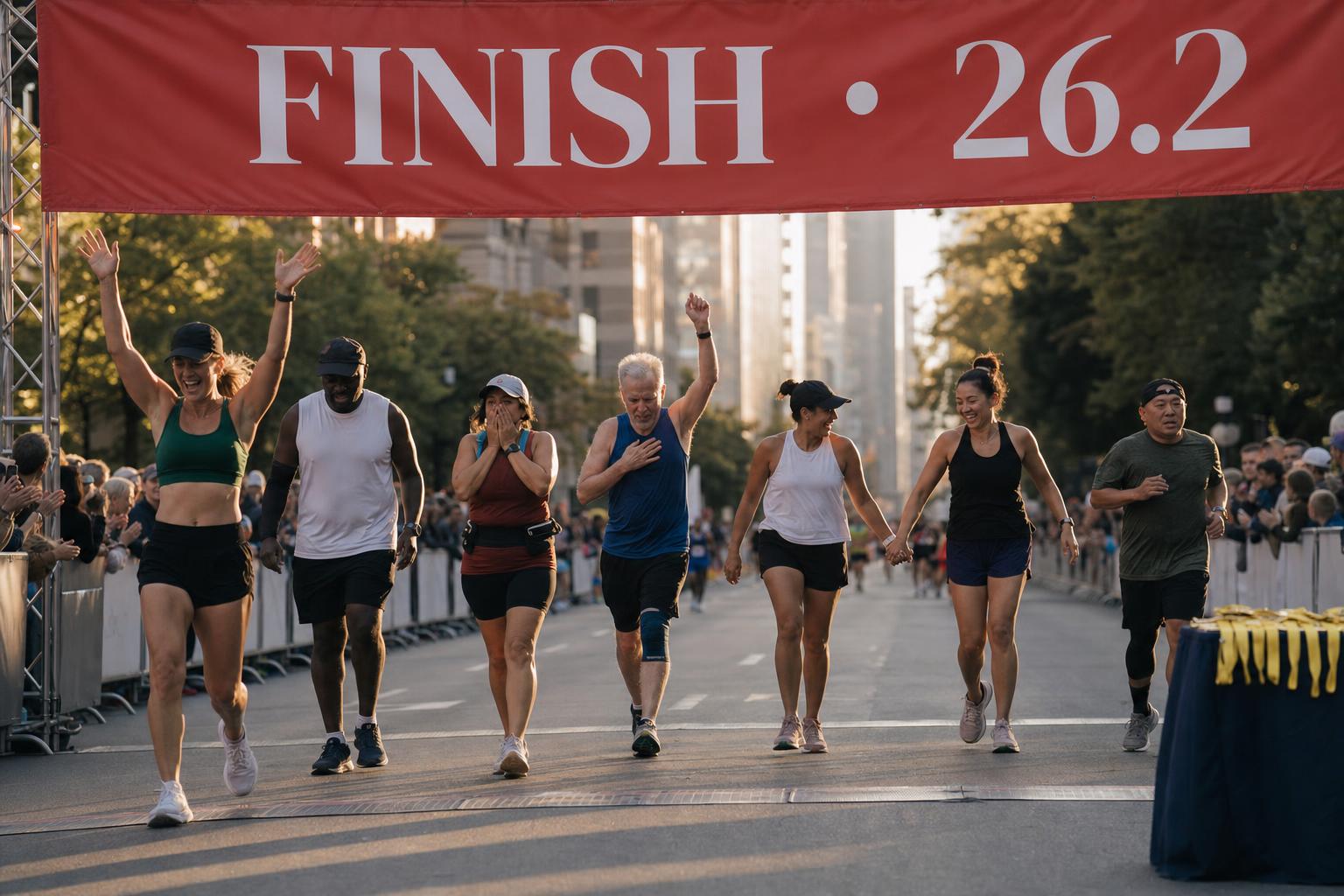 The line. Eight runners crossing at once — a 58-year-old postal worker on her sixth marathon, a grad student who started jogging eight months ago, a father of three back in motion, a first-timer who is mostly weeping, an experienced racer high-fiving the chute crew, two friends who finished together, and a runner shuffling but unmistakably finishing. The medal in the corner is small, and that's the point. The medal is not the prize. The runner you became to earn it is the prize.
