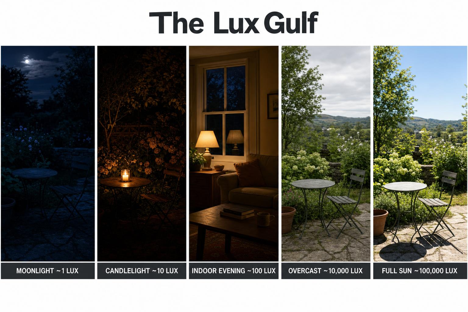 The lux scale, photographed across five real lighting conditions. Even an overcast outdoor day delivers tens of thousands of times more light to your ipRGCs than a brightly lit office. Subjective brightness deceives — your eyes adapt fast; your clock does not.